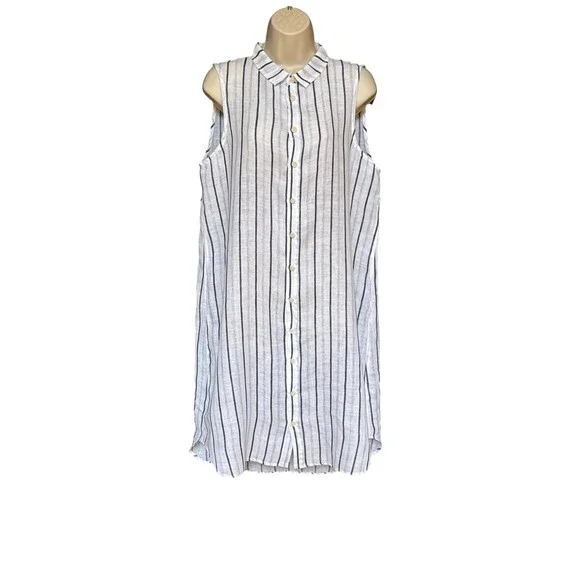 CP Shades Mara Linen Dress Size S Blue White Stripe Sleeveless Shirt Dress - Picture 2 of 12